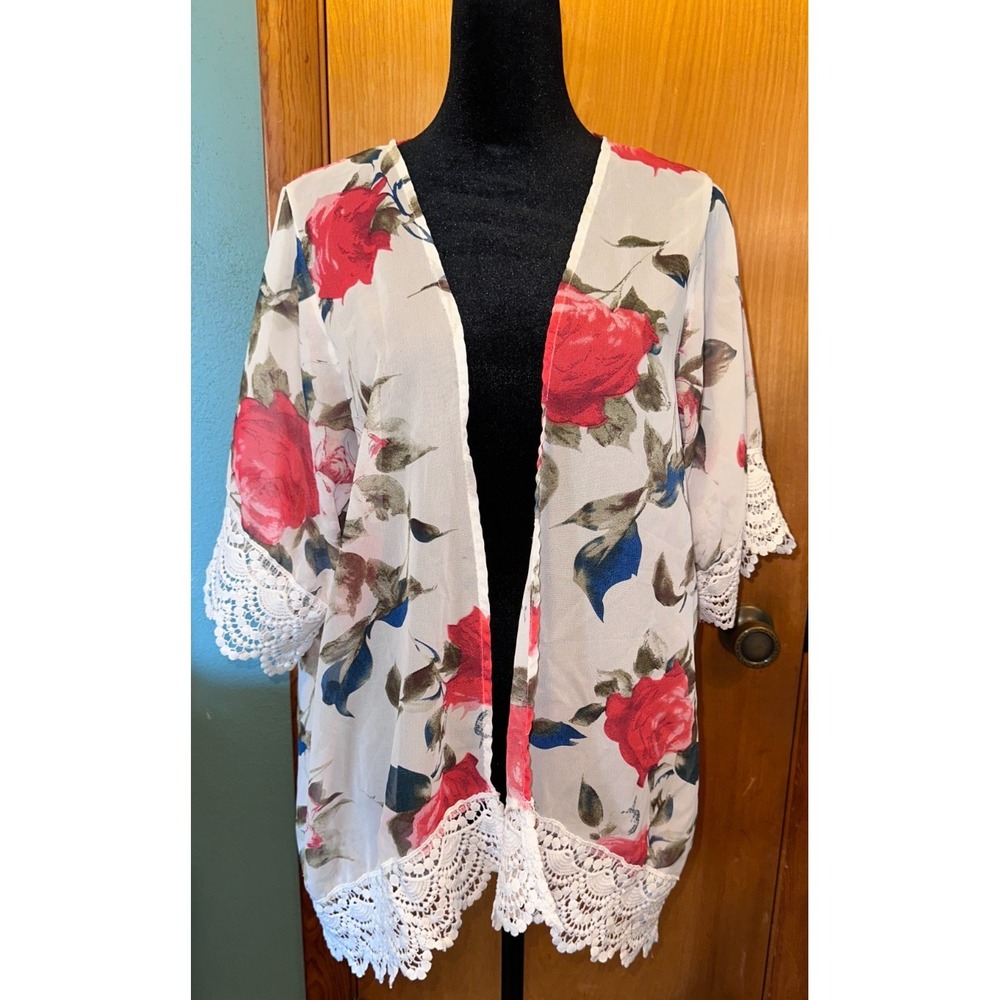 ChicGal Floral Print Chiffon Crochet Kimono Cardigan Swimsuit Cover Up Large